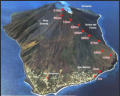 Die roten Punkte symbolisieren die Aufstiegsroute auf den Stromboli. Der Aufstieg bis in 900 m Seehhe dauert ca. 3 Stunden. Der Abstieg durch die endlosen Lava- und Staubfelder ist genauso mhsam und dauert ca. 2 Stunden. Dazu 40 Min. am Gipfel